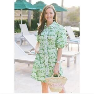 Pearl By Lela Rose Green White Floral Palm Spring Collection Cotton Dress Sz 16